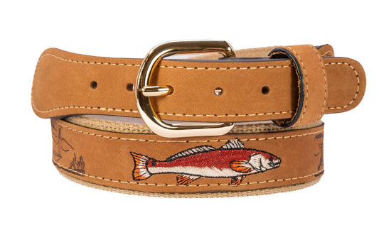 Redfish Embroidered Nubuck Tan Leather Belt