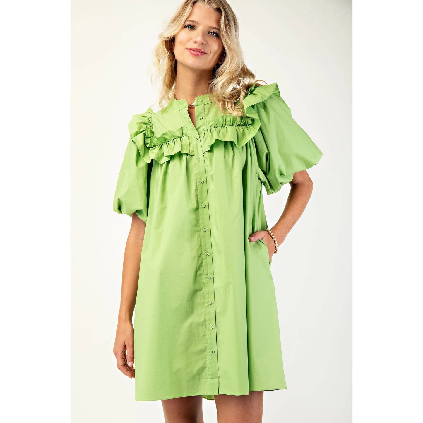 Puff Sleeve Mini Dress Mandarin Collar n Ruffle