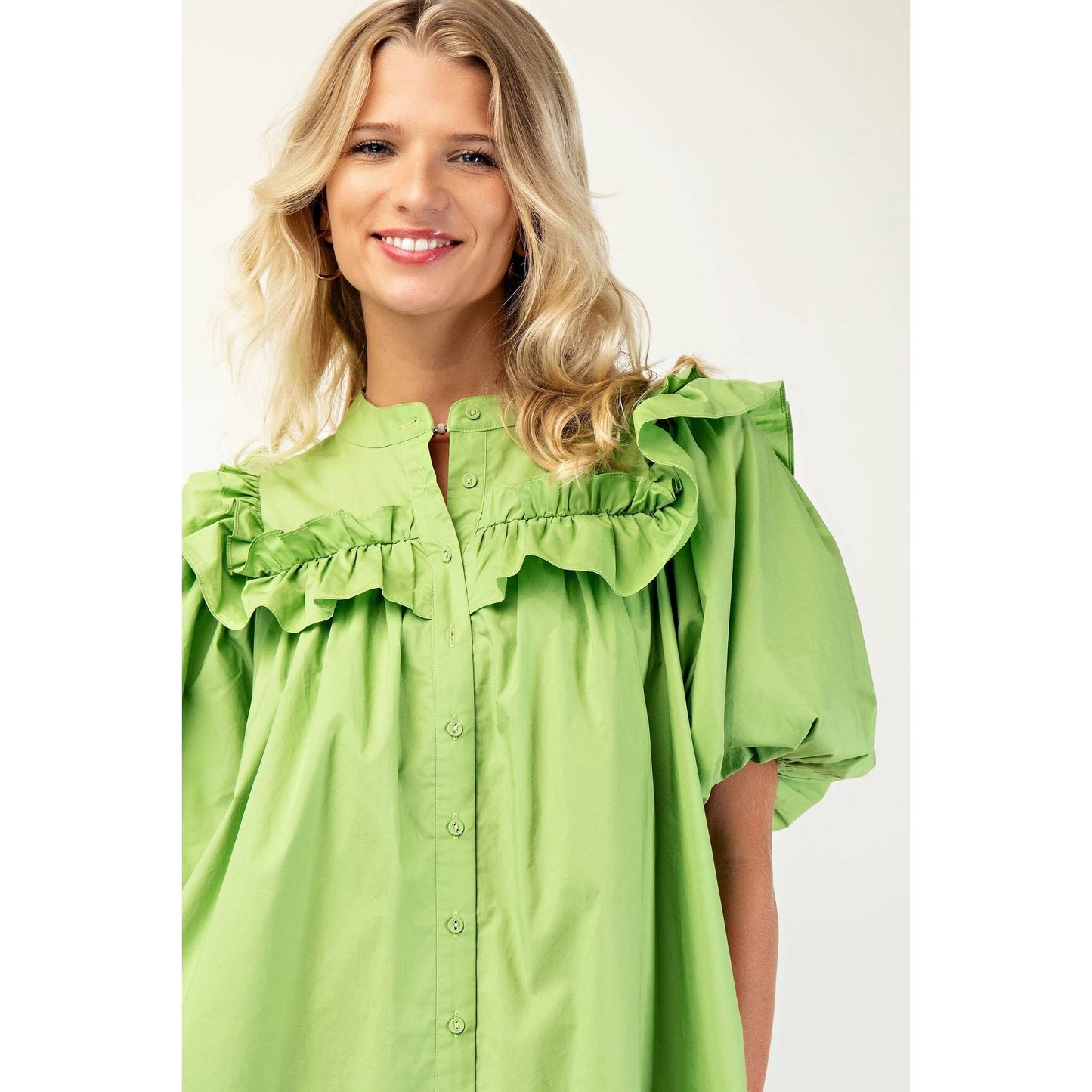 Puff Sleeve Mini Dress Mandarin Collar n Ruffle