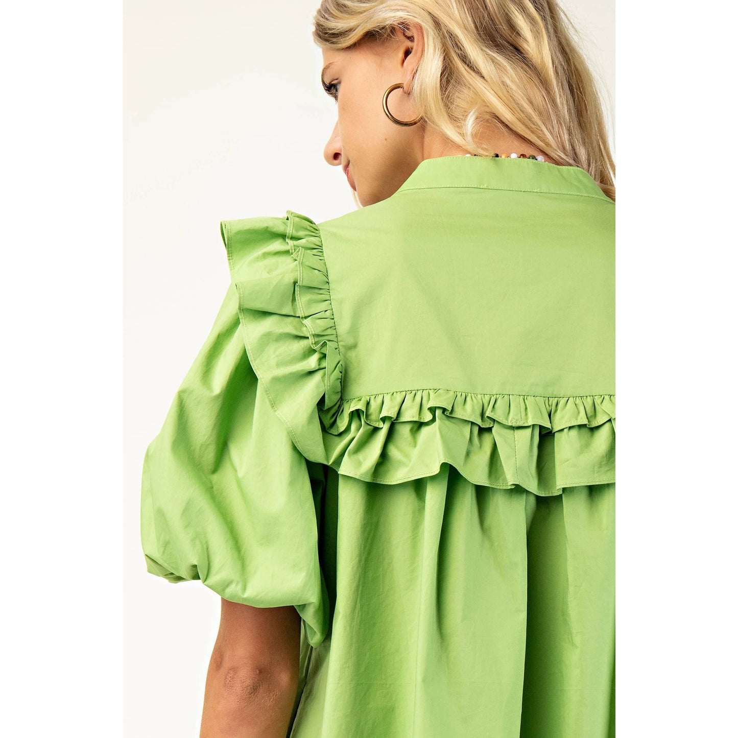 Puff Sleeve Mini Dress Mandarin Collar n Ruffle