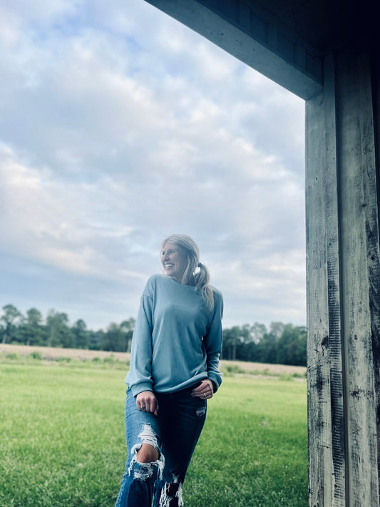 Sky Blue Ribbed Crewneck Sweatshirt