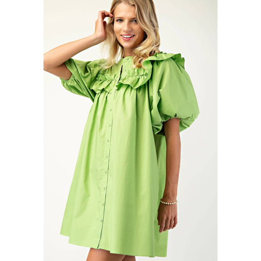 Puff Sleeve Mini Dress Mandarin Collar n Ruffle
