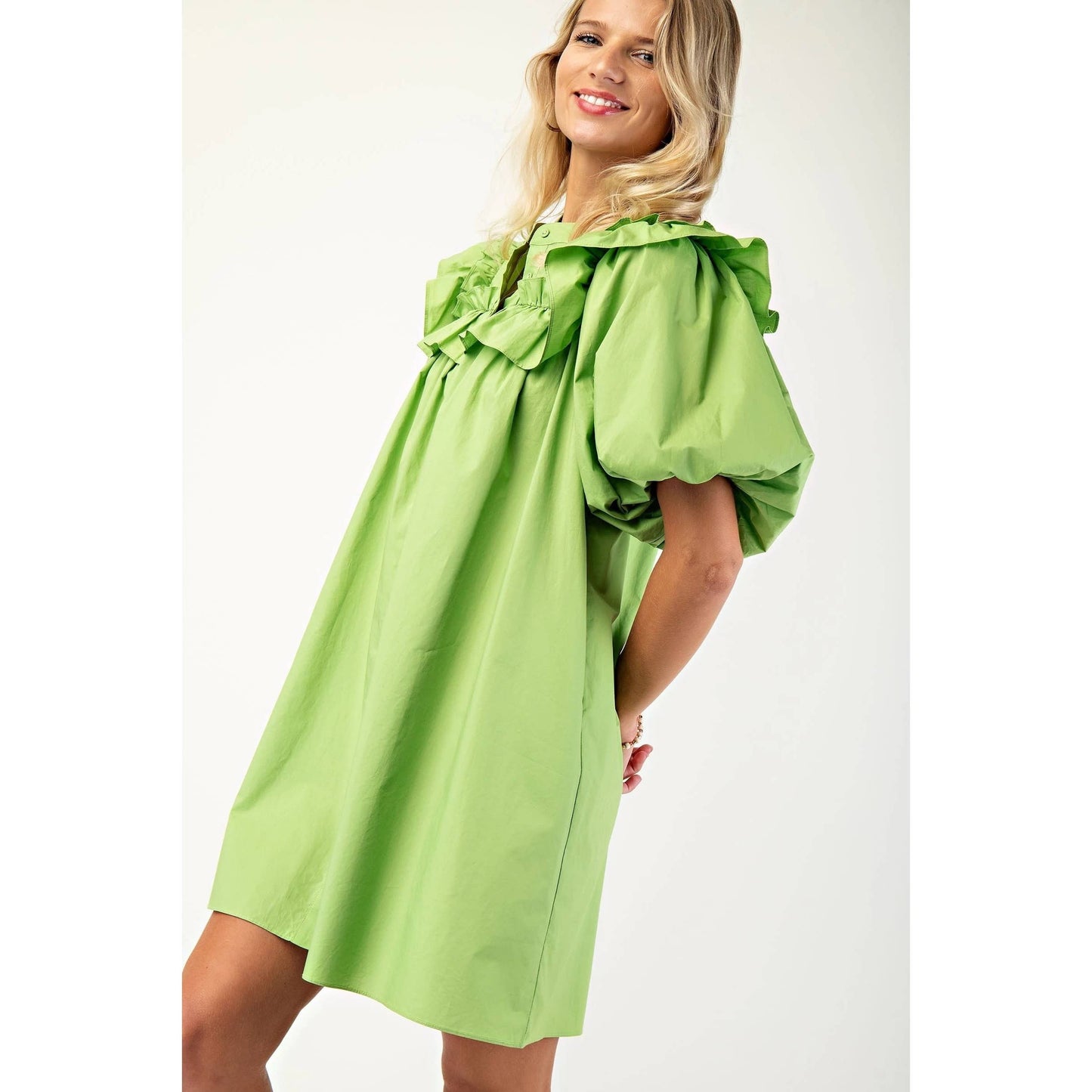 Puff Sleeve Mini Dress Mandarin Collar n Ruffle