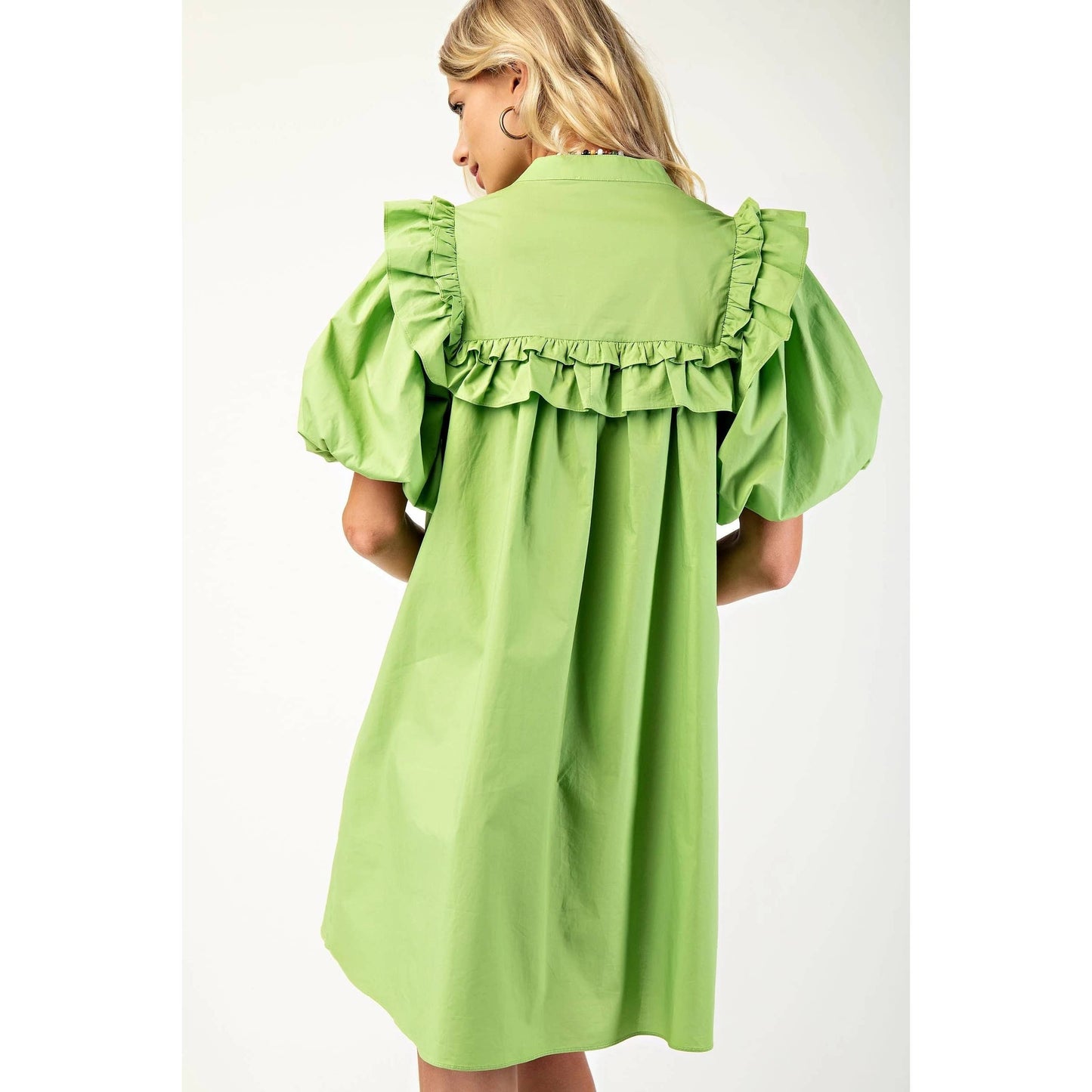 Puff Sleeve Mini Dress Mandarin Collar n Ruffle