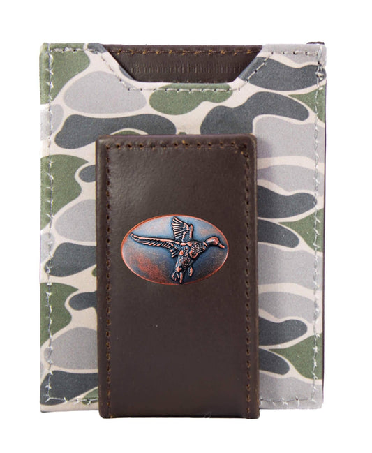 Mallard Men's Magnetic Front Pocket Old School Camo Leather Wallet.