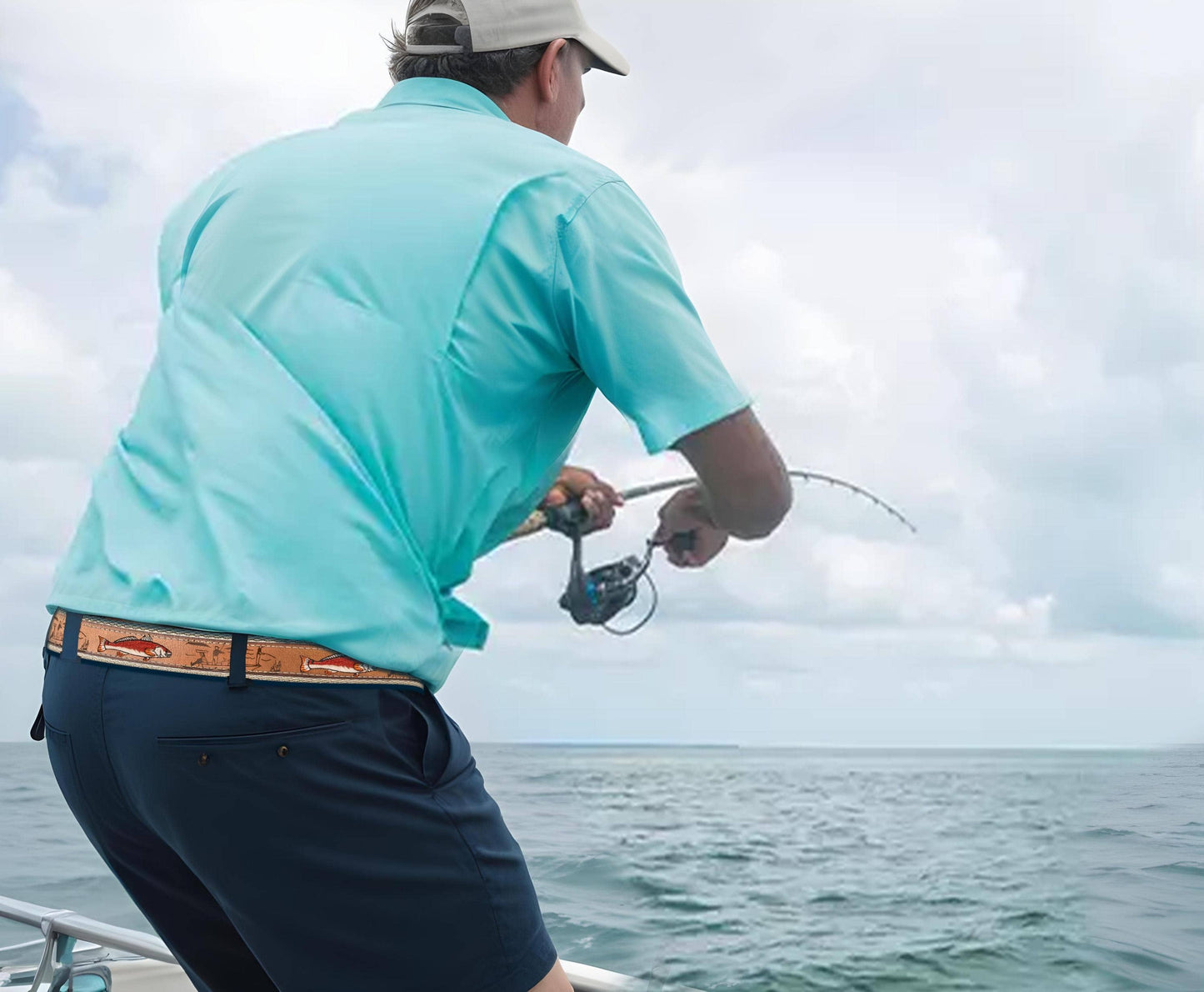 Redfish Embroidered Nubuck Tan Leather Belt