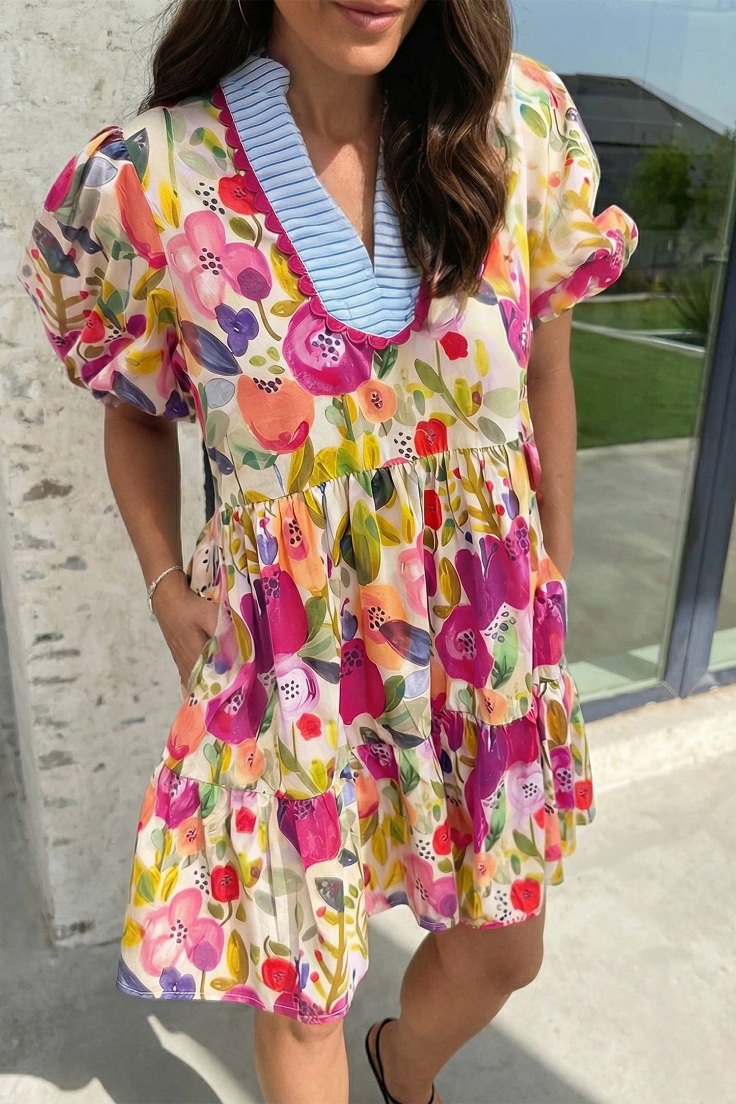 Floral Ricrac Trim Striped Patchwork Mini Dress