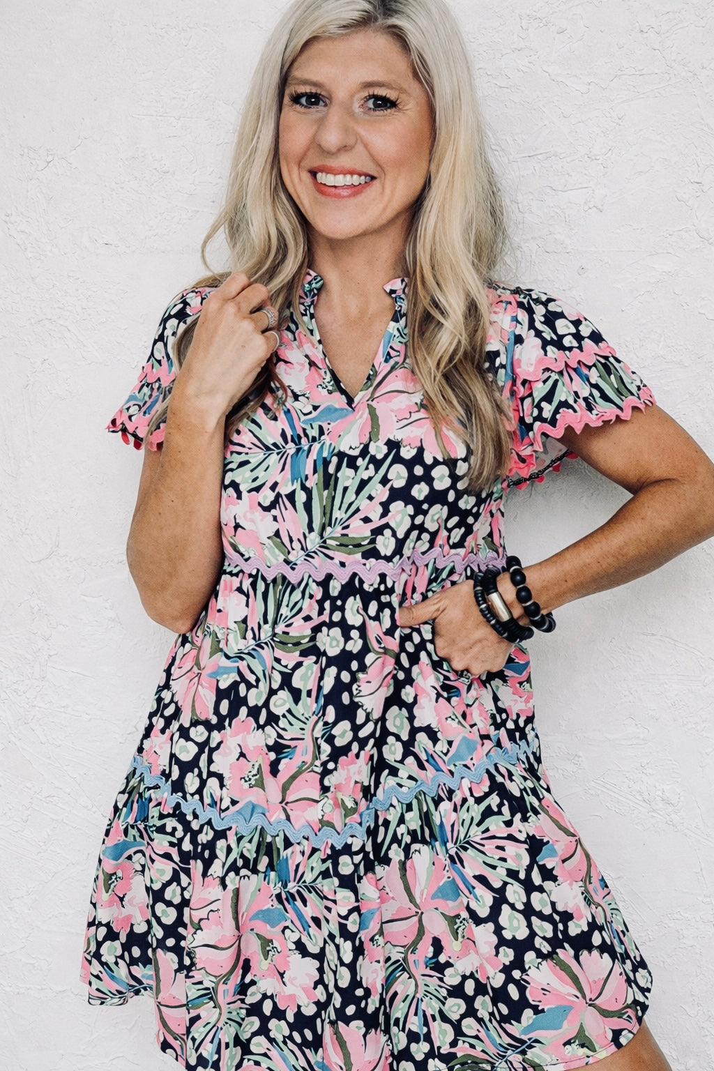 Pink Leopard Floral Ricrac Embellished Tiered Mini Dress