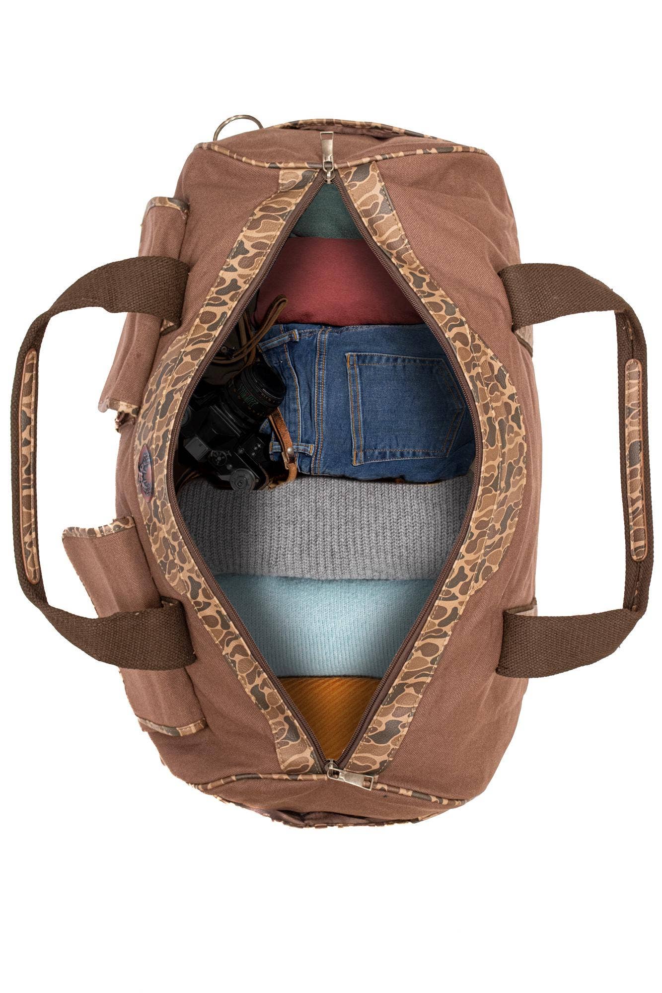 Shot Shell Brown Waxed Canvas Old School Camo Weekender Bag.