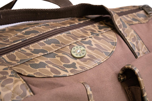 Shot Shell Brown Waxed Canvas Old School Camo Weekender Bag.